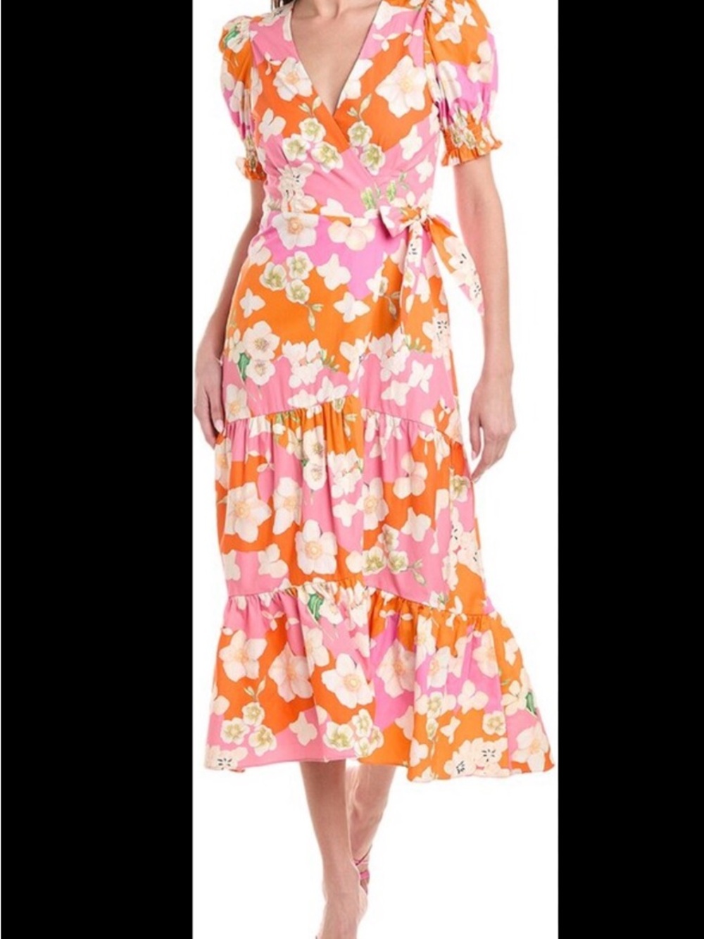 Hutch Pink and Orange Floral Wrap Midi Dress with Puff Sleeves - Picture 2 of 6